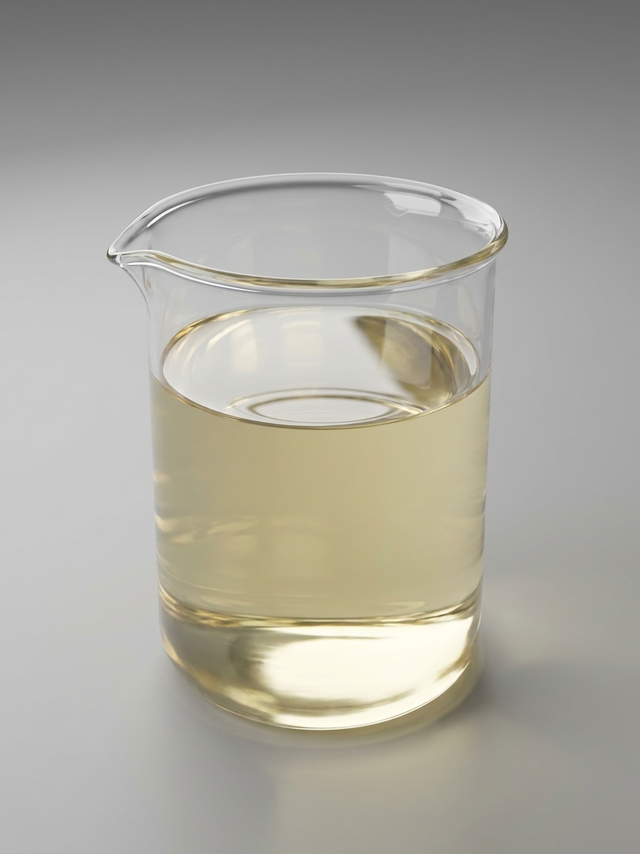 Gold-tinted aluminum conversion coating bath liquid in a glass beaker